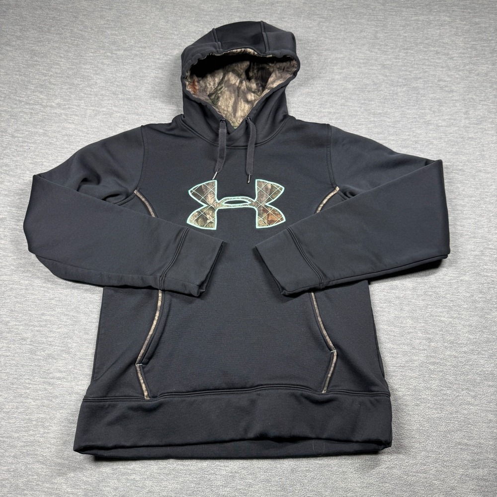 Under Armour Hoodie Women MD Black Camo Big Logo Loose Fit Pullover‎ Sweatshirt